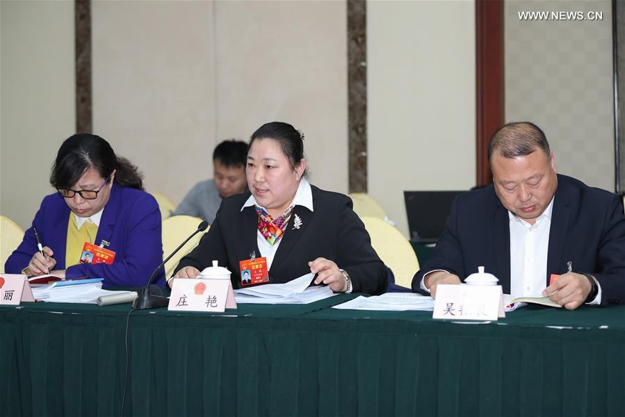 Zhuang Yan (C), a deputy to the 13th National People\'s Congress (NPC), speaks during a panel discussion with other deputies from northeast China\'s Liaoning Province at the second session of the 13th NPC in Beijing, capital of China, on March 7, 2019. (Xinhua/Long Lei)