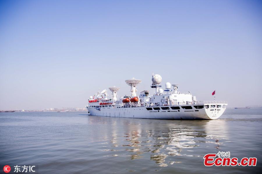 The space-tracking ship Yuanwang-3 is sailing to the Pacific Ocean from a port in east China\'s Jiangsu Province on March 13, 2019 for upcoming monitoring missions. This year, the ship will carry out two maritime space monitoring missions, which will last approximately two months. Yuanwang-3, which entered service in the mid-1990s, is China\'s second-generation space-tracking ship. (Photo/IC)