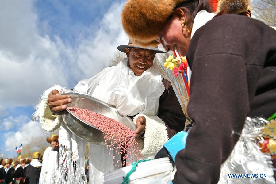 People attend a ceremony marking the start of spring plowing in Nedong District of Shannan City, southwest China\'s Tibet Autonomous Region, March 16, 2019. (Xinhua/Li Xin)