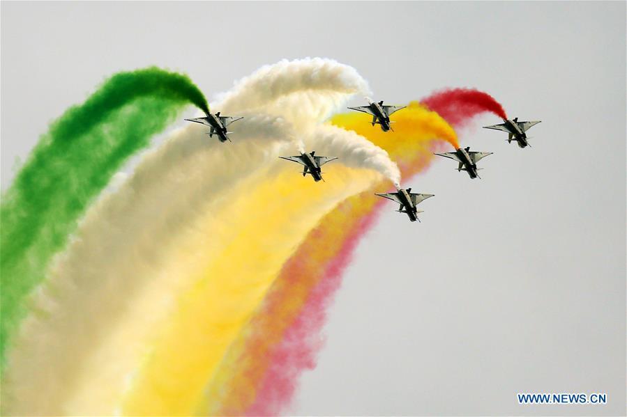 J-10 fighter jets of China\'s Bayi Aerobatic Team perform during the rehearsal of the Pakistan National Day army parade in Islamabad, capital of Pakistan, March 18, 2019. Pakistan National Day, also known as Pakistan Resolution Day or Republic Day, is celebrated annually on March 23. (Xinhua/Ahmad Kamal)