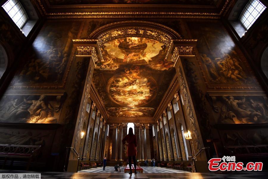 Photo taken on March 20, 2019 shows the Painted Hall at the Old Royal Naval College, Greenwich, one of the most spectacular and important baroque interiors in Europe. It will reopen on March 23 following a major conservation project. (Photo/Agencies)