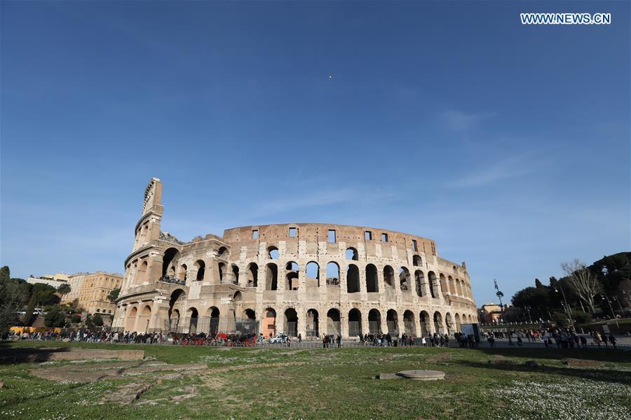 People visit the ancient Roman ruins of the Colosseum in Rome, Italy, March 6, 2019. (Xinhua/Cheng Tingting)