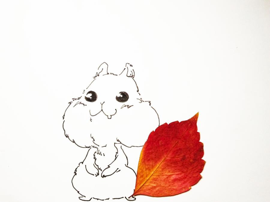 A leaf in maroon color is used as the squirrel tail in the creative painting created by students from Lanzhou Jiaotong University in Northwest China\'s Gansu Province, March 2019.