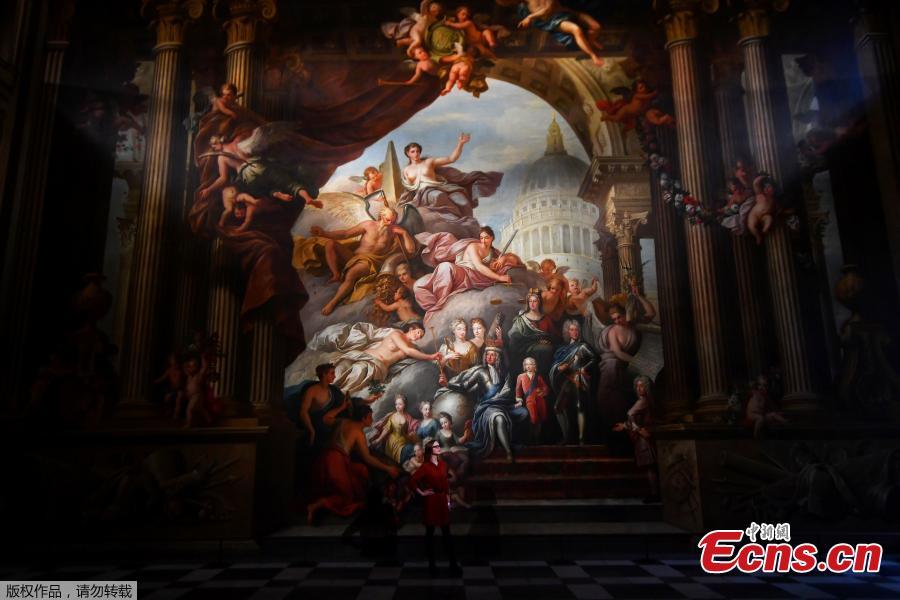 Photo taken on March 20, 2019 shows the Painted Hall at the Old Royal Naval College, Greenwich, one of the most spectacular and important baroque interiors in Europe. It will reopen on March 23 following a major conservation project. (Photo/Agencies)