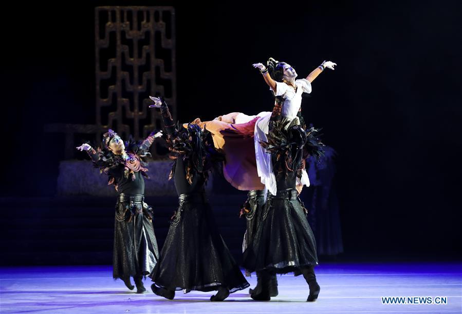 Actors perform during the media preview of Princess Zhaojun at Lincoln Center\'s David H. Koch Theater in New York, the United Sates, March 21, 2019. The dance drama based on the life story of an ancient princess in China made its debut of the four-day New York tour on Thursday. Produced by the renowned China Arts and Entertainment Group Ltd. (CAEG), Princess Zhaojun, which features 50 dancers, brings to life a household story in China of Wang Zhaojun, a palace lady-in-waiting living over 2,000 years ago in Han Dynasty who helped secure peace on the turbulent northern border by marrying the leader of Xiongnu, a powerful nomadic tribe. Serving as a queen of the tribe, Zhaojun helped Han to build a good relationship with Xiongnu and promoted cultural exchanges. (Xinhua/Wang Ying)