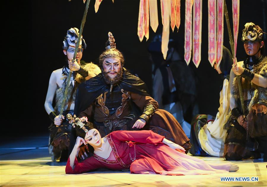 Actors perform during the media preview of Princess Zhaojun at Lincoln Center\'s David H. Koch Theater in New York, the United Sates, March 21, 2019. The dance drama based on the life story of an ancient princess in China made its debut of the four-day New York tour on Thursday. Produced by the renowned China Arts and Entertainment Group Ltd. (CAEG), Princess Zhaojun, which features 50 dancers, brings to life a household story in China of Wang Zhaojun, a palace lady-in-waiting living over 2,000 years ago in Han Dynasty who helped secure peace on the turbulent northern border by marrying the leader of Xiongnu, a powerful nomadic tribe. Serving as a queen of the tribe, Zhaojun helped Han to build a good relationship with Xiongnu and promoted cultural exchanges. (Xinhua/Wang Ying)
