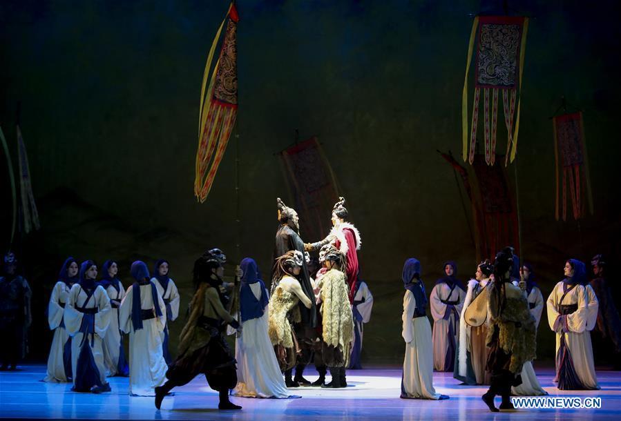Actors perform during the media preview of Princess Zhaojun at Lincoln Center\'s David H. Koch Theater in New York, the United Sates, March 21, 2019. The dance drama based on the life story of an ancient princess in China made its debut of the four-day New York tour on Thursday. Produced by the renowned China Arts and Entertainment Group Ltd. (CAEG), Princess Zhaojun, which features 50 dancers, brings to life a household story in China of Wang Zhaojun, a palace lady-in-waiting living over 2,000 years ago in Han Dynasty who helped secure peace on the turbulent northern border by marrying the leader of Xiongnu, a powerful nomadic tribe. Serving as a queen of the tribe, Zhaojun helped Han to build a good relationship with Xiongnu and promoted cultural exchanges. (Xinhua/Wang Ying)