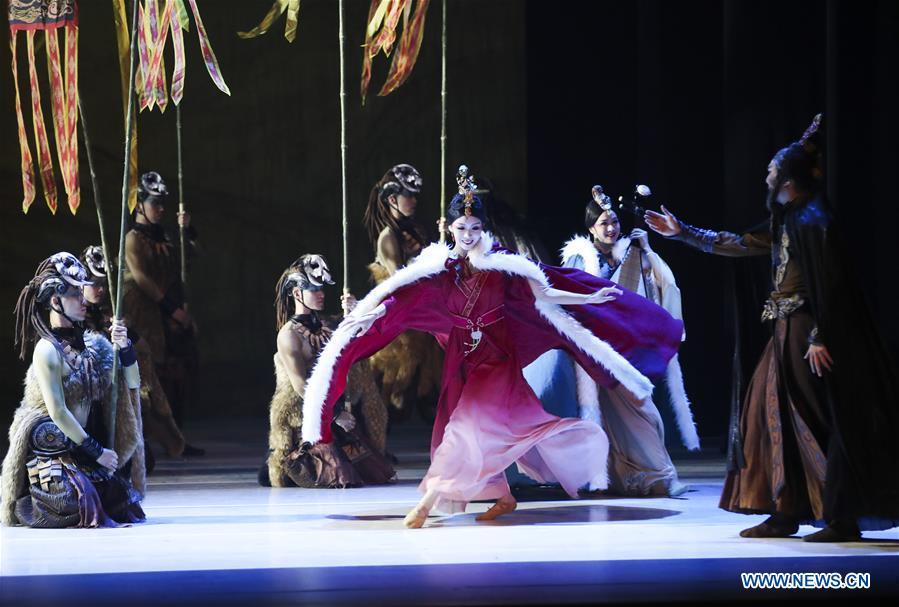 Actors perform during the media preview of Princess Zhaojun at Lincoln Center\'s David H. Koch Theater in New York, the United Sates, March 21, 2019. The dance drama based on the life story of an ancient princess in China made its debut of the four-day New York tour on Thursday. Produced by the renowned China Arts and Entertainment Group Ltd. (CAEG), Princess Zhaojun, which features 50 dancers, brings to life a household story in China of Wang Zhaojun, a palace lady-in-waiting living over 2,000 years ago in Han Dynasty who helped secure peace on the turbulent northern border by marrying the leader of Xiongnu, a powerful nomadic tribe. Serving as a queen of the tribe, Zhaojun helped Han to build a good relationship with Xiongnu and promoted cultural exchanges. (Xinhua/Wang Ying)