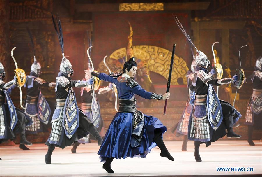Actors perform during the media preview of Princess Zhaojun at Lincoln Center\'s David H. Koch Theater in New York, the United Sates, March 21, 2019. The dance drama based on the life story of an ancient princess in China made its debut of the four-day New York tour on Thursday. Produced by the renowned China Arts and Entertainment Group Ltd. (CAEG), Princess Zhaojun, which features 50 dancers, brings to life a household story in China of Wang Zhaojun, a palace lady-in-waiting living over 2,000 years ago in Han Dynasty who helped secure peace on the turbulent northern border by marrying the leader of Xiongnu, a powerful nomadic tribe. Serving as a queen of the tribe, Zhaojun helped Han to build a good relationship with Xiongnu and promoted cultural exchanges. (Xinhua/Wang Ying)