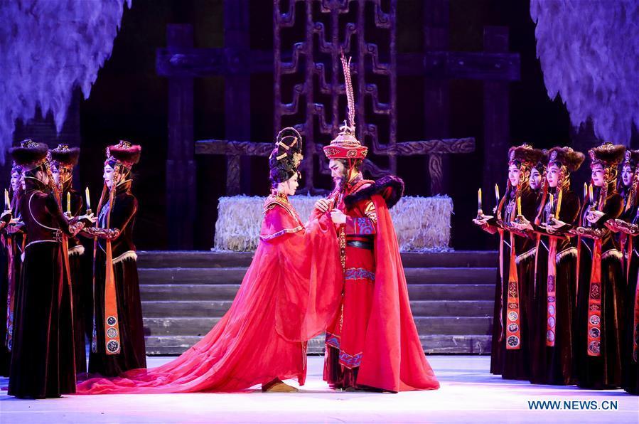 Actors perform during the media preview of Princess Zhaojun at Lincoln Center\'s David H. Koch Theater in New York, the United Sates, March 21, 2019. The dance drama based on the life story of an ancient princess in China made its debut of the four-day New York tour on Thursday. Produced by the renowned China Arts and Entertainment Group Ltd. (CAEG), Princess Zhaojun, which features 50 dancers, brings to life a household story in China of Wang Zhaojun, a palace lady-in-waiting living over 2,000 years ago in Han Dynasty who helped secure peace on the turbulent northern border by marrying the leader of Xiongnu, a powerful nomadic tribe. Serving as a queen of the tribe, Zhaojun helped Han to build a good relationship with Xiongnu and promoted cultural exchanges. (Xinhua/Wang Ying)