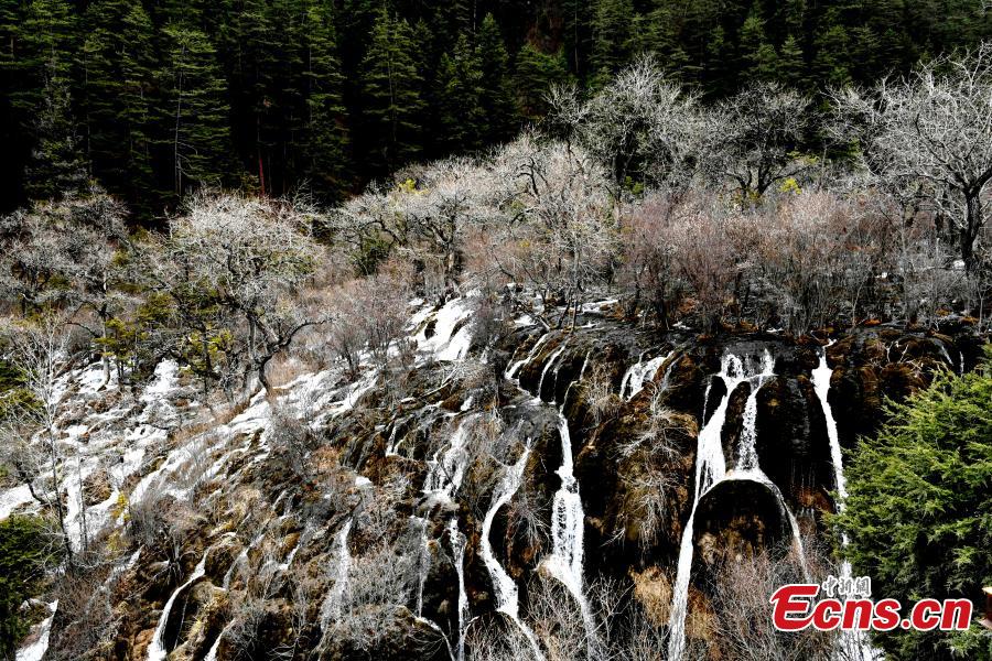 Snow and ice begin to melt as spring arrives in the Jiuzhaigou Valley Scenic Area in Sichuan Province, a UNESCO world heritage site, March 25, 2019. Jiuzhaigou, which literally means \
