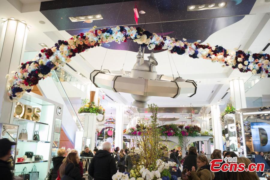 People visit Macy\'s Flower Show at Macy\'s Herald Square flagship store in New York, the United States, on March 26, 2019. The annual flower show is held from March 24 to April 7 this year. With the theme of \