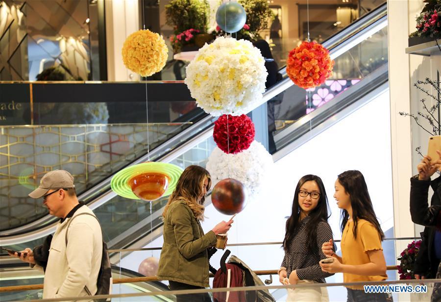 People visit Macy\'s Flower Show at Macy\'s Herald Square flagship store in New York, the United States, on March 25, 2019. The annual flower show is held from March 24 to April 7 this year. With the theme of \