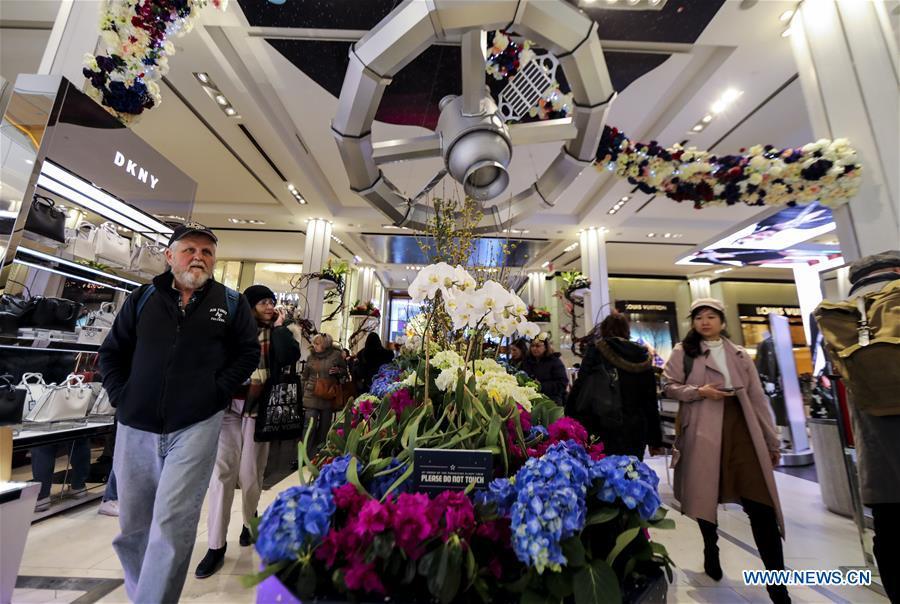 People visit Macy\'s Flower Show at Macy\'s Herald Square flagship store in New York, the United States, on March 25, 2019. The annual flower show is held from March 24 to April 7 this year. With the theme of \