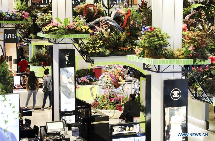 People visit Macy\'s Flower Show at Macy\'s Herald Square flagship store in New York, the United States, on March 25, 2019. The annual flower show is held from March 24 to April 7 this year. With the theme of \