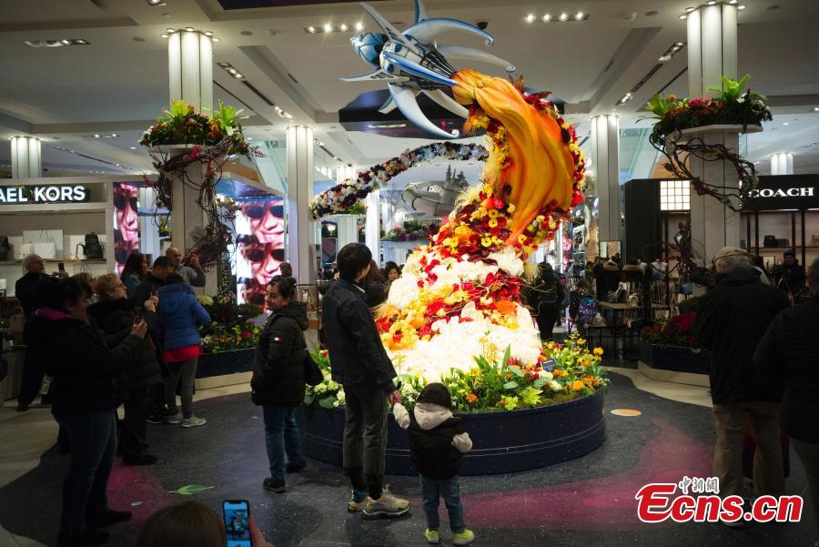 People visit Macy\'s Flower Show at Macy\'s Herald Square flagship store in New York, the United States, on March 26, 2019. The annual flower show is held from March 24 to April 7 this year. With the theme of \
