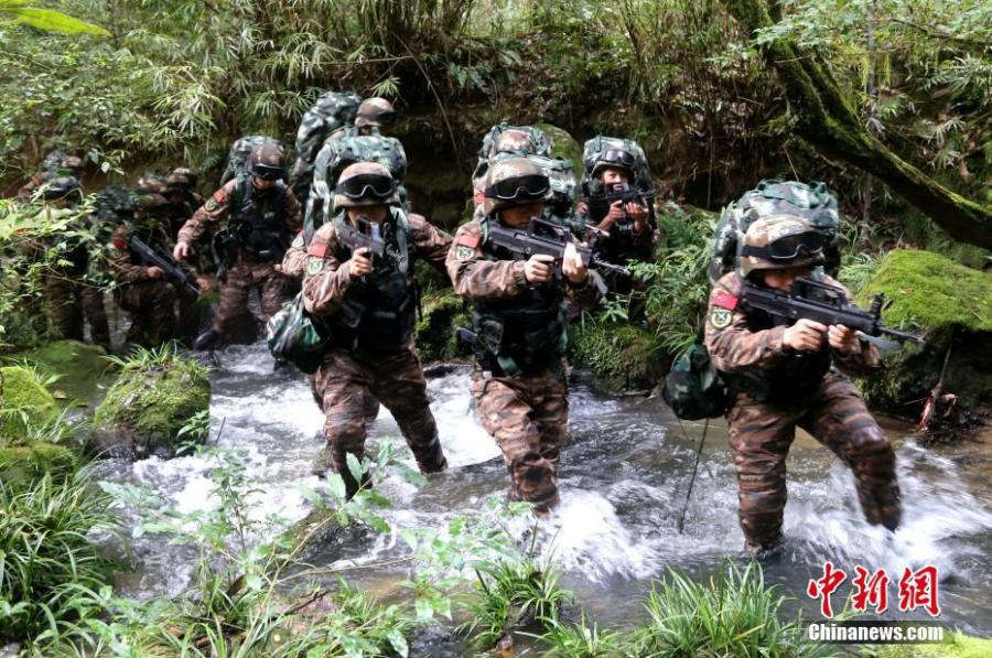 Armed police undergo intensive training in Sanming City, Fujian Province. The training included challenging search and rescue operations and aimed to enhance preparedness against terrorism. (Photo: China News Service/Wang Guisheng)