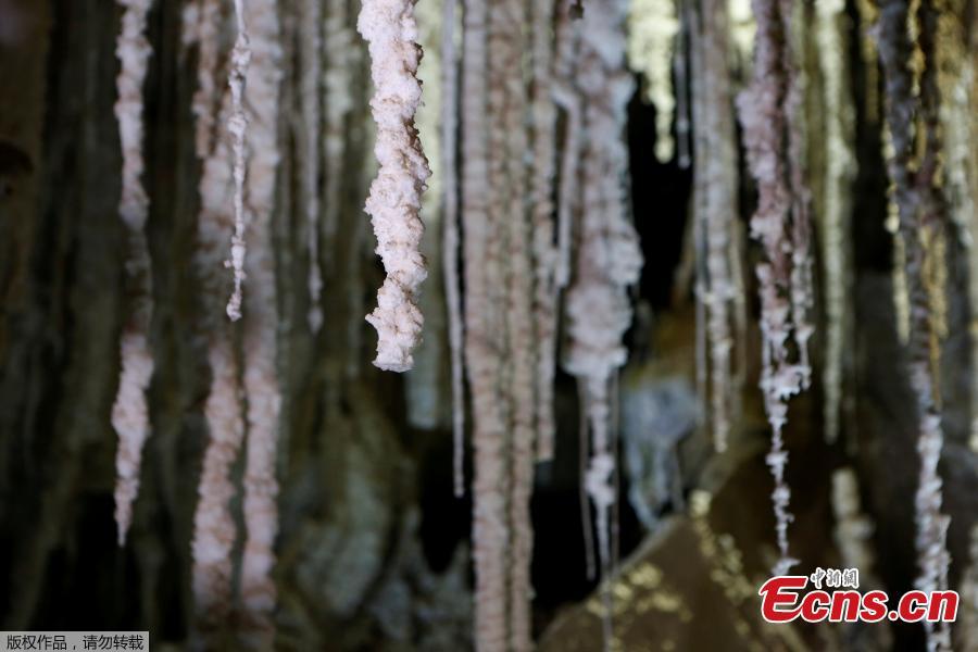 Salt stalactites are seen inside the Malham Cave, which Israeli researchers say is the world\'s longest salt cave, in Mount Sodom near the Dead Sea, Israel, March 27, 2019. (Photo/Agencies)