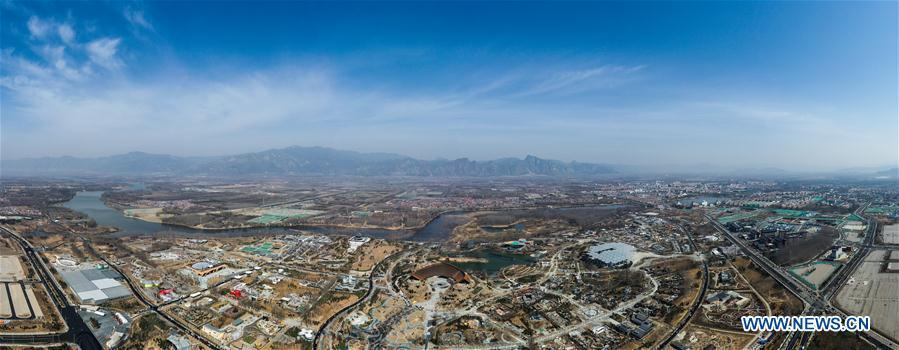 Stitched aerial photo taken on March 26, 2019 shows the site of the International Horticultural Exhibition 2019 Beijing China (Expo 2019 Beijing) in Yanqing District of Beijing, capital of China. The 2019 Beijing International Horticultural Exhibition is slated to kick off on April 29, 2019. (Xinhua/Wang Jianhua)
