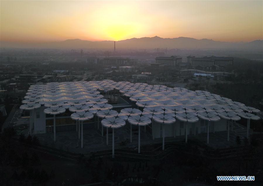 Aerial photo taken on March 27, 2019 shows the International Pavilion at the site of the International Horticultural Exhibition 2019 Beijing China (Expo 2019 Beijing) in Yanqing District of Beijing, capital of China. The 2019 Beijing International Horticultural Exhibition is slated to kick off on April 29, 2019. (Xinhua/Zhang Chenlin)