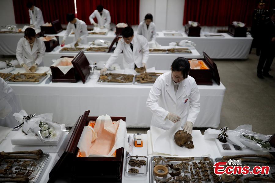 The remains of Chinese volunteer soldiers killed in the Korean War (1950-1953) are prepared before a transfer back to China in Incheon, South Korea, April 1, 2019. The handover ceremony for the remains of 10 Chinese volunteer soldiers will be held on April 3. (Photo: China News Service/Zeng Ding)