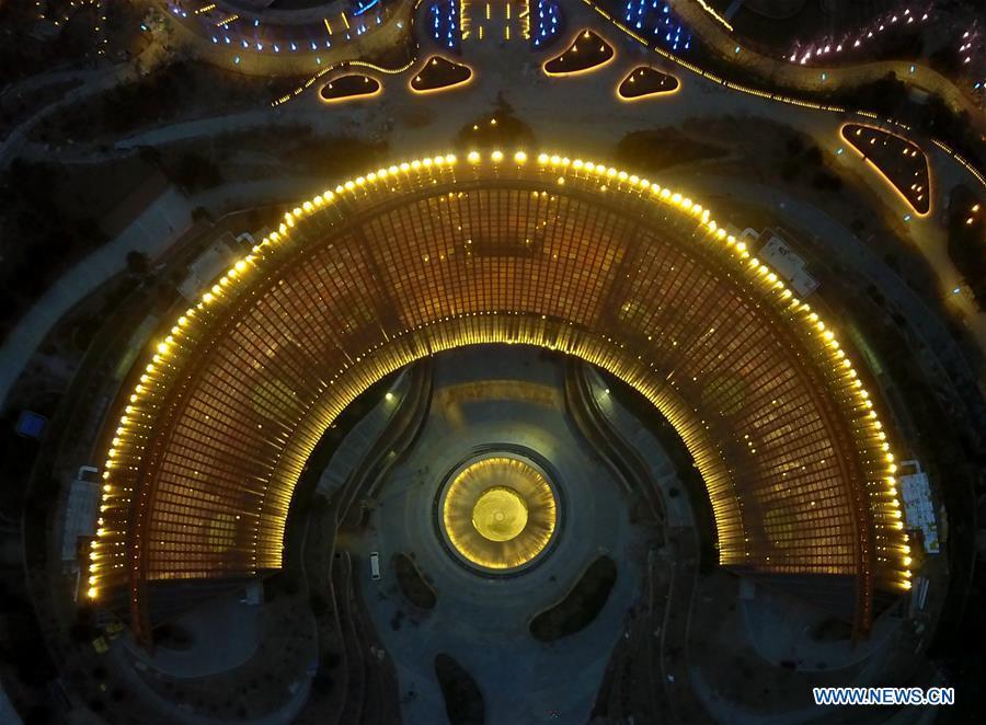 Aerial photo taken on March 26, 2019 shows the night view of China Pavilion of the International Horticultural Exhibition 2019 Beijing China (Expo 2019 Beijing) in Yanqing District of Beijing, capital of China. The 2019 Beijing International Horticultural Exhibition is slated to kick off on April 29, 2019. (Xinhua/Zhang Chenlin)