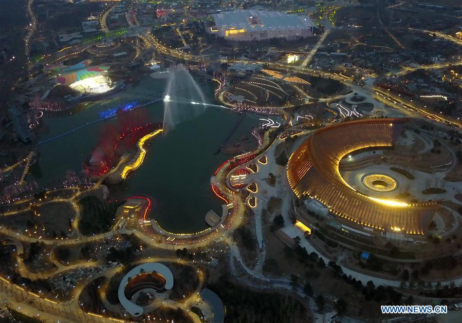 Aerial photo taken on March 26, 2019 shows the night view at the site of the International Horticultural Exhibition 2019 Beijing China (Expo 2019 Beijing) in Yanqing District of Beijing, capital of China. The 2019 Beijing International Horticultural Exhibition is slated to kick off on April 29, 2019. (Xinhua/Zhang Chenlin)