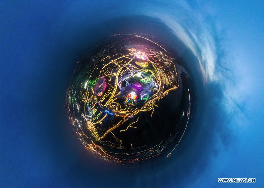 Computer-integrated aerial photo taken on March 26, 2019 shows the night view at the site of the International Horticultural Exhibition 2019 Beijing China (Expo 2019 Beijing) in Yanqing District of Beijing, capital of China. The 2019 Beijing International Horticultural Exhibition is slated to kick off on April 29, 2019. (Xinhua/Wang Jianhua)