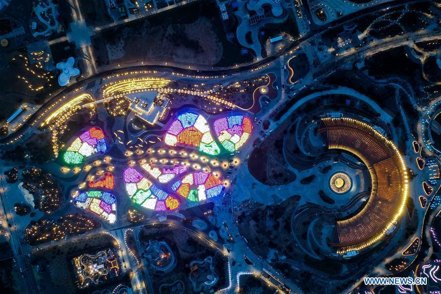 Aerial photo taken on March 26, 2019 shows the night view of China Pavilion of the International Horticultural Exhibition 2019 Beijing China (Expo 2019 Beijing) in Yanqing District of Beijing, capital of China. The 2019 Beijing International Horticultural Exhibition is slated to kick off on April 29, 2019. (Xinhua/Wang Jianhua)