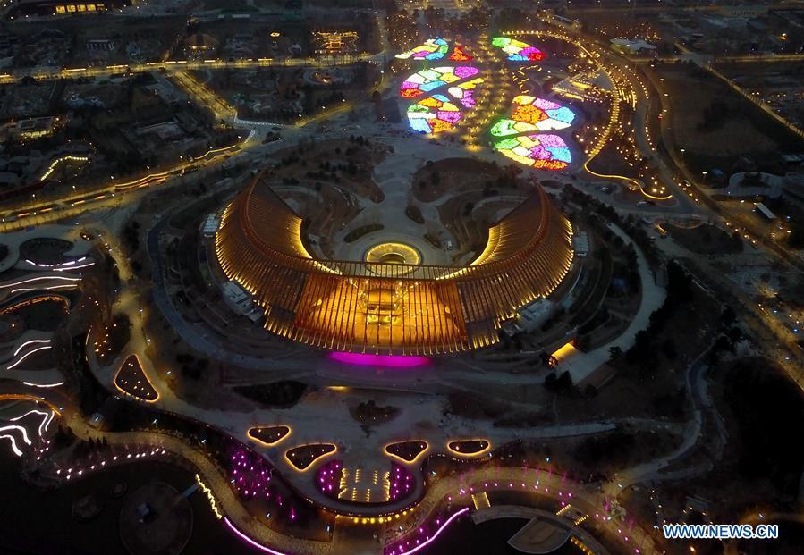Aerial photo taken on March 26, 2019 shows the night view of China Pavilion of the International Horticultural Exhibition 2019 Beijing China (Expo 2019 Beijing) in Yanqing District of Beijing, capital of China. The 2019 Beijing International Horticultural Exhibition is slated to kick off on April 29, 2019. (Xinhua/Zhang Chenlin)