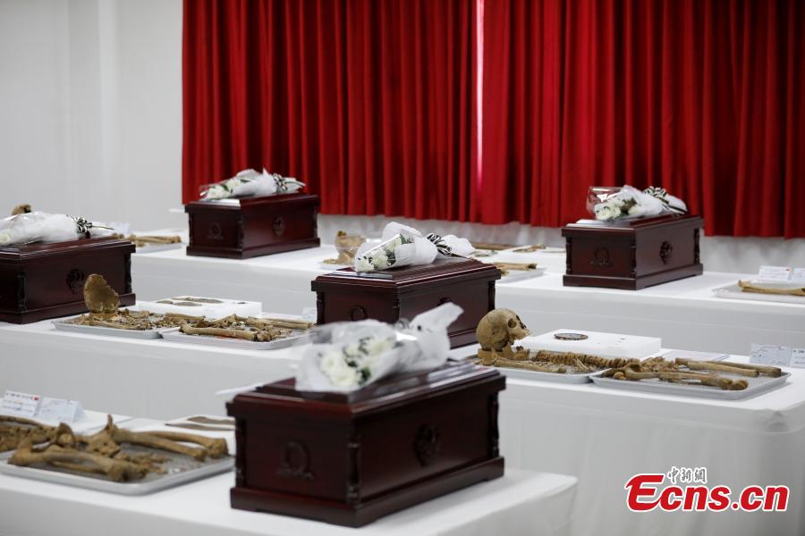 The remains of Chinese volunteer soldiers killed in the Korean War (1950-1953) are prepared before a transfer back to China in Incheon, South Korea, April 1, 2019. The handover ceremony for the remains of 10 Chinese volunteer soldiers will be held on April 3. (Photo: China News Service/Zeng Ding)