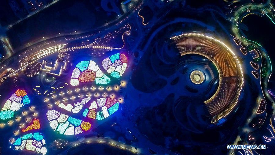 Aerial photo taken on March 26, 2019 shows the night view of China Pavilion of the International Horticultural Exhibition 2019 Beijing China (Expo 2019 Beijing) in Yanqing District of Beijing, capital of China. The 2019 Beijing International Horticultural Exhibition is slated to kick off on April 29, 2019. (Xinhua/Ma Xiaodong)