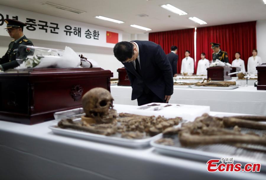 The remains of Chinese volunteer soldiers killed in the Korean War (1950-1953) are prepared before a transfer back to China in Incheon, South Korea, April 1, 2019. The handover ceremony for the remains of 10 Chinese volunteer soldiers will be held on April 3. (Photo: China News Service/Zeng Ding)