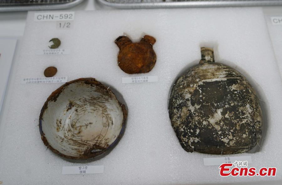 The remains of Chinese volunteer soldiers killed in the Korean War (1950-1953) are prepared before a transfer back to China in Incheon, South Korea, April 1, 2019. The handover ceremony for the remains of 10 Chinese volunteer soldiers will be held on April 3. (Photo: China News Service/Zeng Ding)