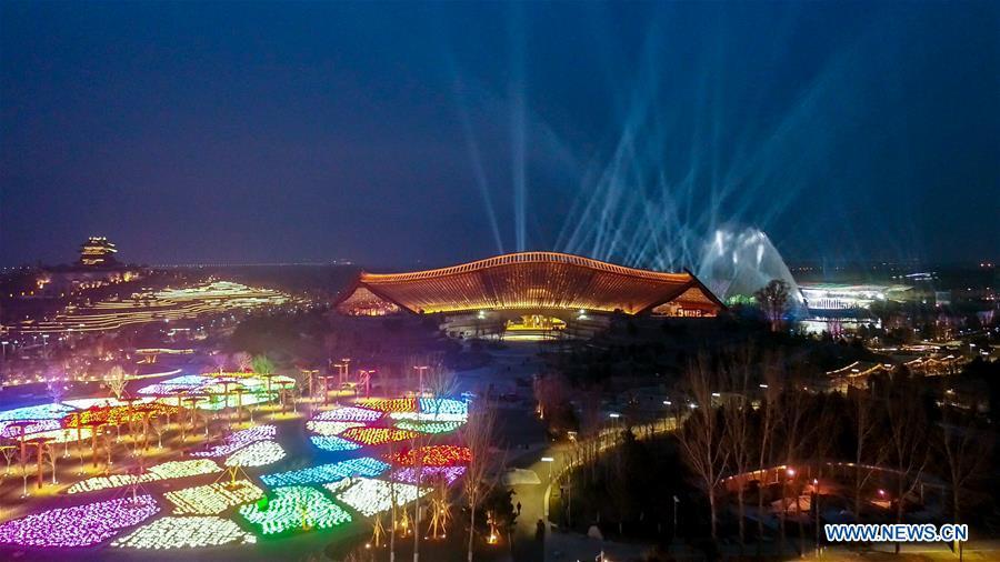 Aerial photo taken on March 26, 2019 shows the night view of China Pavilion of the International Horticultural Exhibition 2019 Beijing China (Expo 2019 Beijing) in Yanqing District of Beijing, capital of China. The 2019 Beijing International Horticultural Exhibition is slated to kick off on April 29, 2019. (Xinhua/Ma Xiaodong)