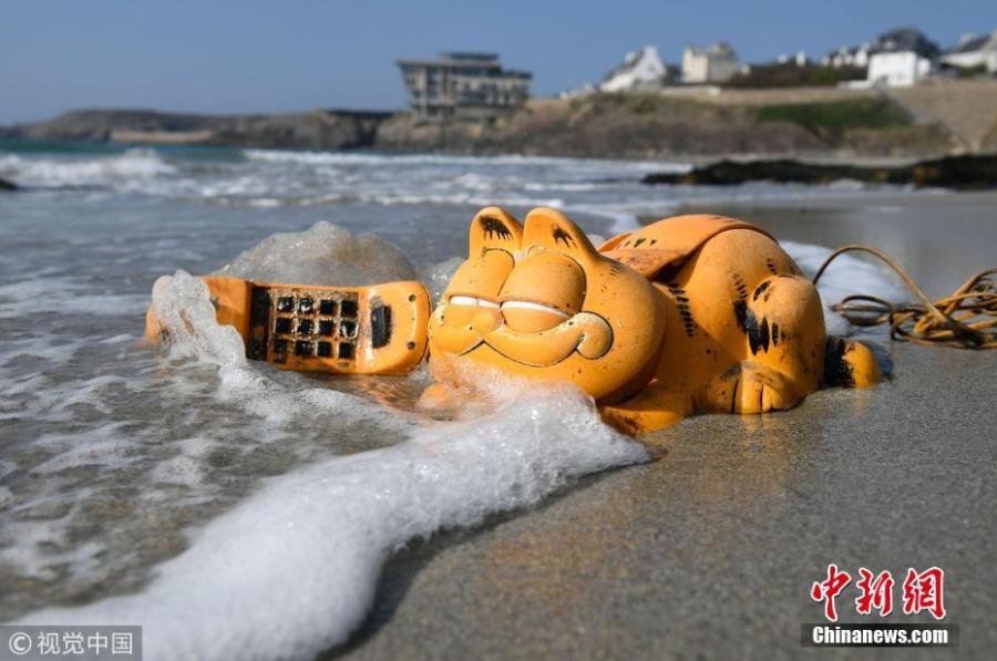 A plastic \'Garfield\' phone is displayed on the beach in Le Conquet, western France. Since the 1980s, the Iroise coast in French coastal community Brittany has received a supply of bright orange landline novelty phones shaped like the famous cartoon cat. Now the source of the problem has been found - a lost shipping container. (Photo/VCG)