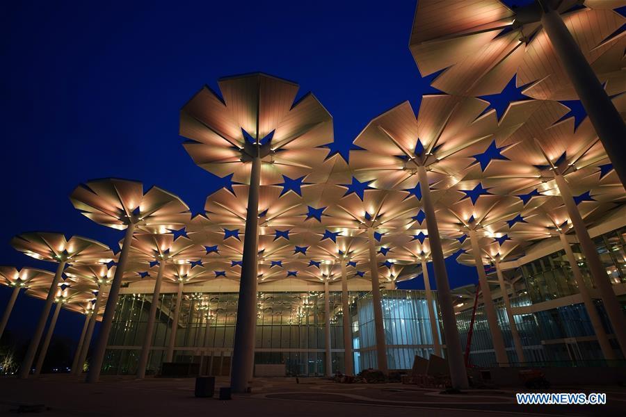 Aerial photo taken on March 26, 2019 shows the night view of International Pavilion of the International Horticultural Exhibition 2019 Beijing China (Expo 2019 Beijing) in Yanqing District of Beijing, capital of China. The 2019 Beijing International Horticultural Exhibition is slated to kick off on April 29, 2019. (Xinhua/Ju Huanzong)
