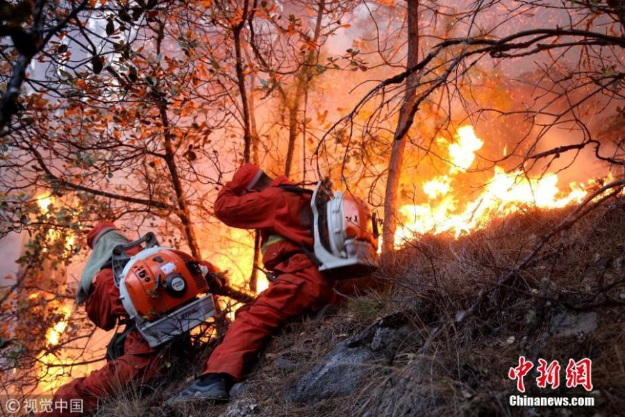 Firefighters employ water tanks in a forest to prevent blaze from spreading in Ganzi, Sichuan Province, Feb. 19, 2018.  (Photo/Agencies)