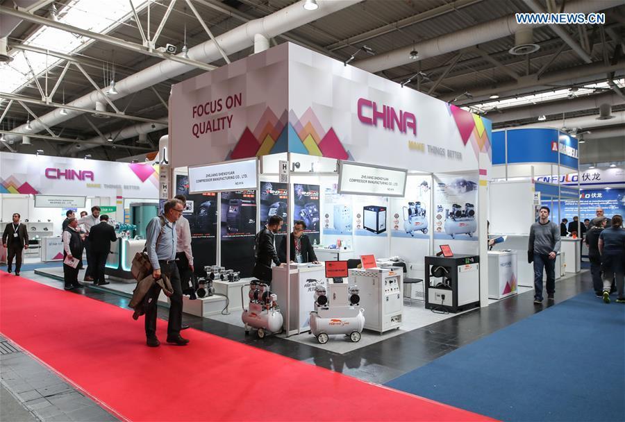 Photo taken on April 2, 2019 shows booths of Chinese exhibitors at Hanover Fair 2019 in Hanover, Germany. Over 1,400 Chinese exhibitors attended the fair, the second most just after the host country Germany. Huawei, Haier and other Chinese manufacturers showed their most advanced networking and artificial intelligence technologies to the world. (Xinhua/Shan Yuqi)