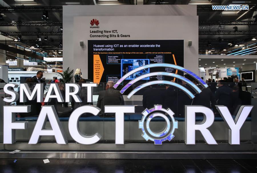 Photo taken on April 1, 2019 shows the booth of Chinese tech company Huawei at Hanover Fair 2019 in Hanover, Germany. Over 1,400 Chinese exhibitors attended the fair, the second most just after the host country Germany. Huawei, Haier and other Chinese manufacturers showed their most advanced networking and artificial intelligence technologies to the world. (Xinhua/Shan Yuqi)