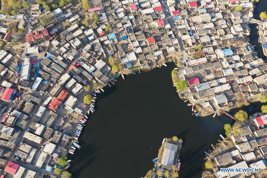 Aerial photo taken on April 1, 2019 shows a village in the Baiyangdian Lake in Xiongan New Area, north China\'s Hebei Province. On April 1, 2017, China announced plans to establish the Xiongan New Area, about 100 km southwest of Beijing. Known as China\'s \