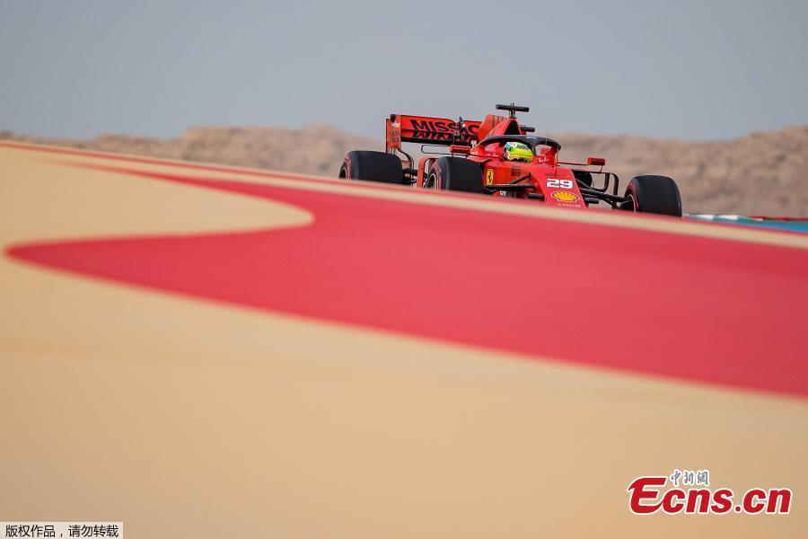 German Formula 2 driver Mick Schumacher drives in a Ferrari car during his first testing for Formula One team Scuderia Ferrari at the Sakhir circuit near Manama, Bahrain, Apr. 2, 2019.  (Photo/Agencies)