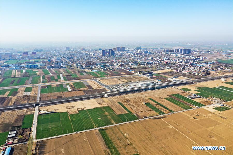 Aerial photo taken on April 1, 2019 shows the Baiyangdian Station in Xiongan New Area, north China\'s Hebei Province. On April 1, 2017, China announced plans to establish the Xiongan New Area, about 100 km southwest of Beijing. Known as China\'s \