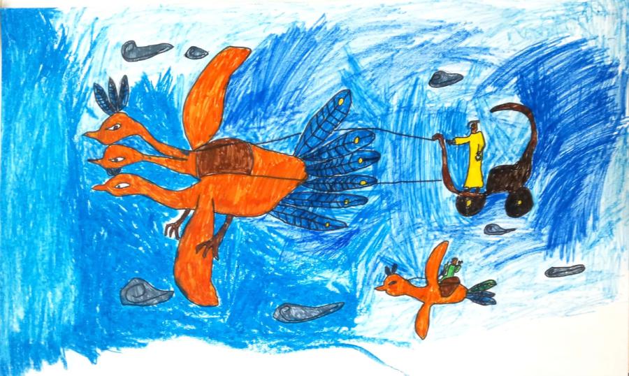 An award-winning work from 2018 features the Yellow Emperor holding the reins of the giant three-head bird pulling his vehicle in the sky. It\'s by Wu Junhao, a primary school student from Northwest China\'s Shaanxi Province. (Photo provided to chinadaily.com.cn)