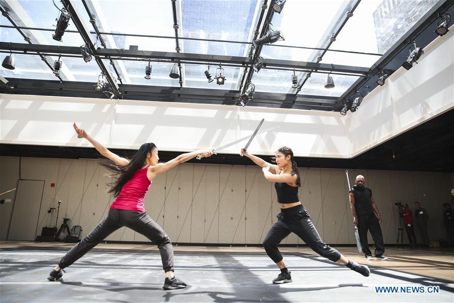 Performers rehearse during a media preview in The Shed, a new arts center in New York, the United States, on April 3, 2019. The Shed, New York City\'s new arts center that commissions, develops, and presents original works of art, across all disciplines, for all audiences, will open to the public on April 5 with the world premiere of Soundtrack of America. (Xinhua/Wang Ying)