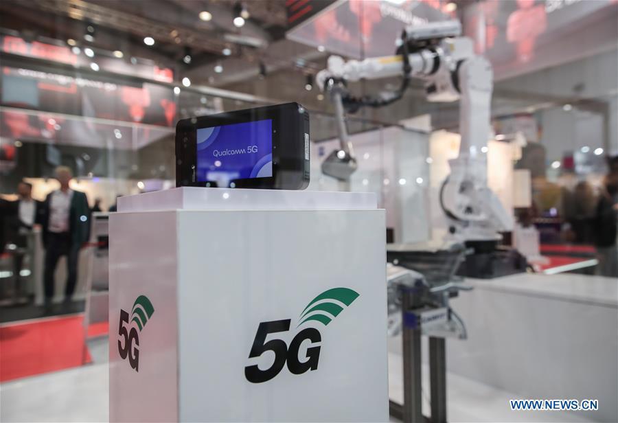 Equipments simulating the application of 5G network are seen at the 5G Arena during the 2019 Hanover Fair in Hanover, Germany, April 2, 2019. (Xinhua/Shan Yuqi)