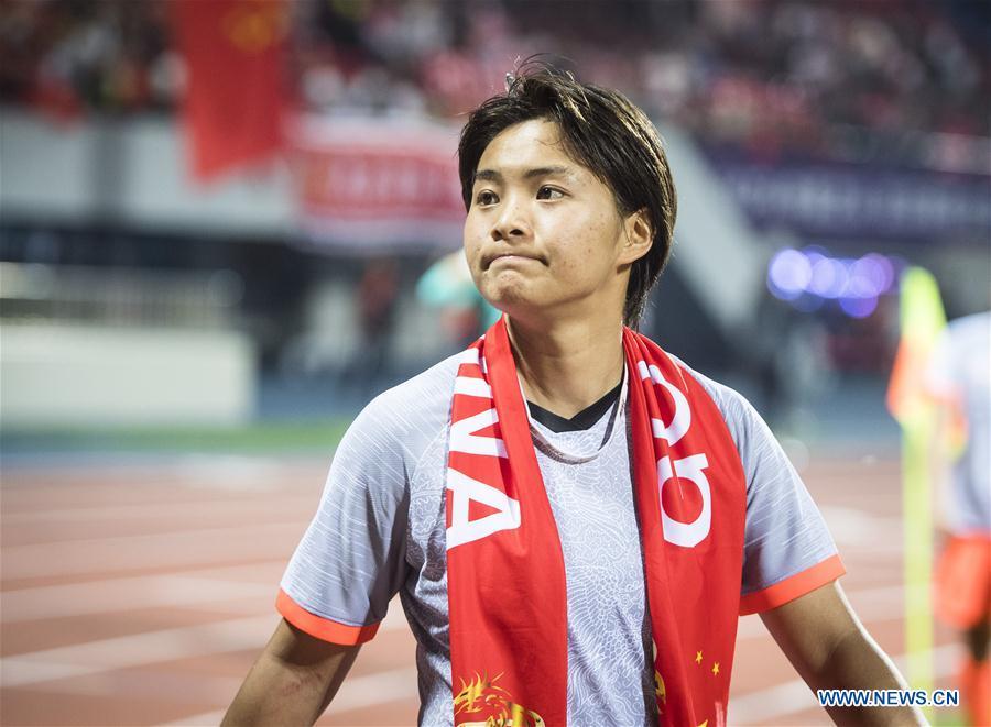 Wang Shuang of China reacts after the final match between China and Cameroon at the 2019 International Women\'s Football Tournament in Wuhan, central China\'s Hubei Province, April 7, 2019. China won 1-0. (Xinhua/Xiao Yijiu)