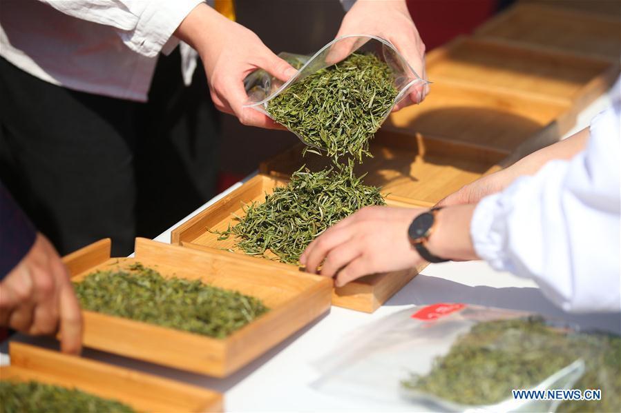 Staff members prepare tea leaves for a tea competition in Huangshan, a famous tea producing area in east China\'s Anhui Province, April 7, 2019. Local tea farmers bring a total of 60 varieties of tea leaves to take part in the competition here on Sunday. (Xinhua/Shi Yalei)