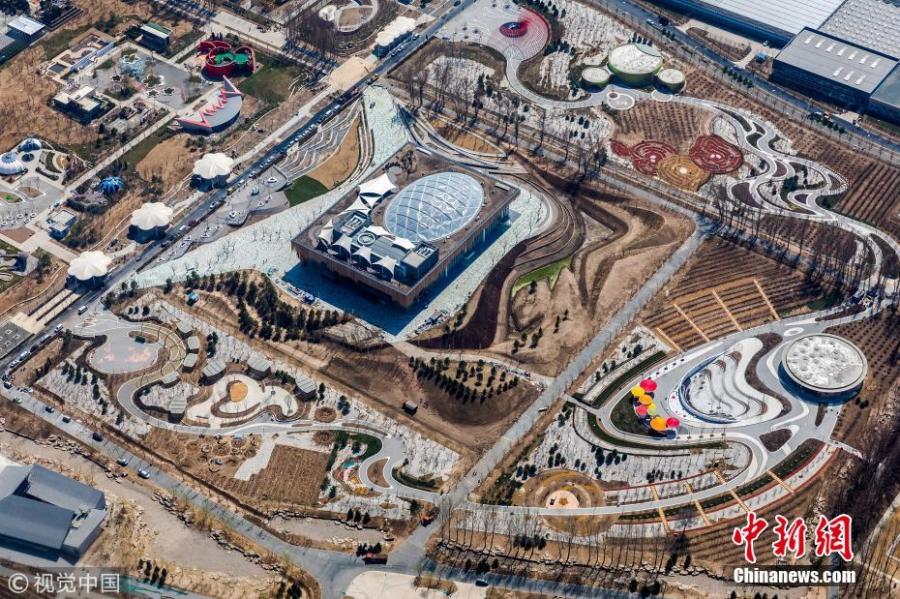 Photo shows the aerial view of the pavilions for the 2019 Beijing International Horticultural Exhibition, April 5, 2019. The exhibition will open on April 29 and run until October 7 in Beijing\'s Yanqing District.  (Photo/VCG)