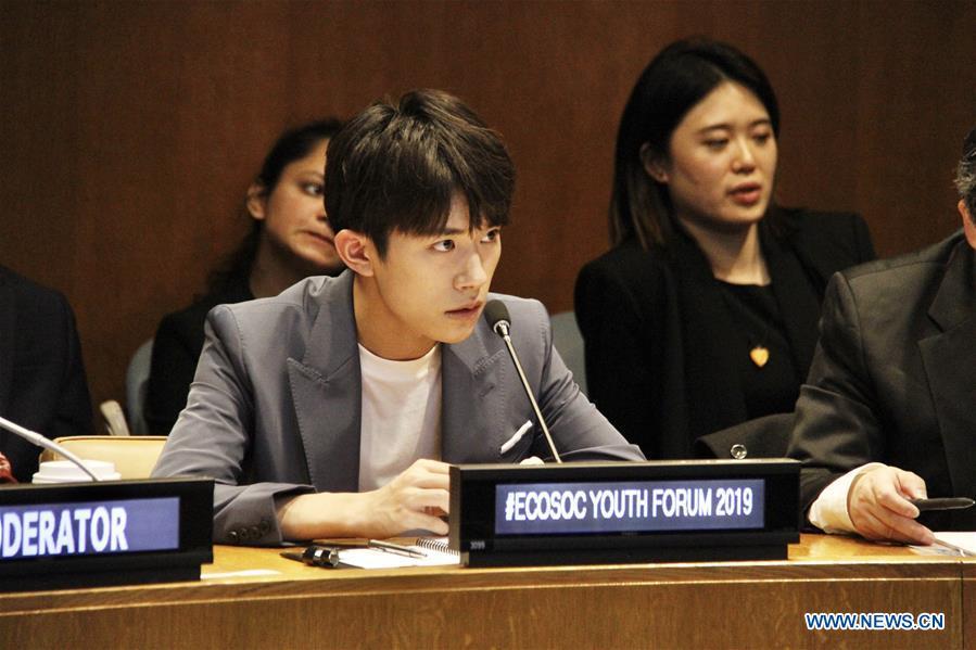 Chinese singer Yi Yangqianxi (front), who is a World Health Organization (WHO) China special envoy for health, attends the Asia and Pacific session of the United Nations Economic and Social Council Youth Forum, at the UN headquarters in New York, April 8, 2019. Yi Yangqianxi on Monday shared his vision of promoting health among young people, citing his experiences working with the World Health Organization (WHO). (Xinhua/Xie E)